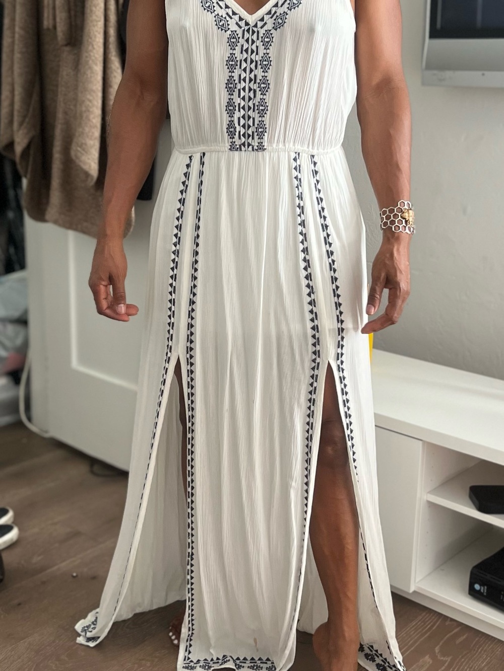 White Maxi Dress with Navy Embroidery – Women